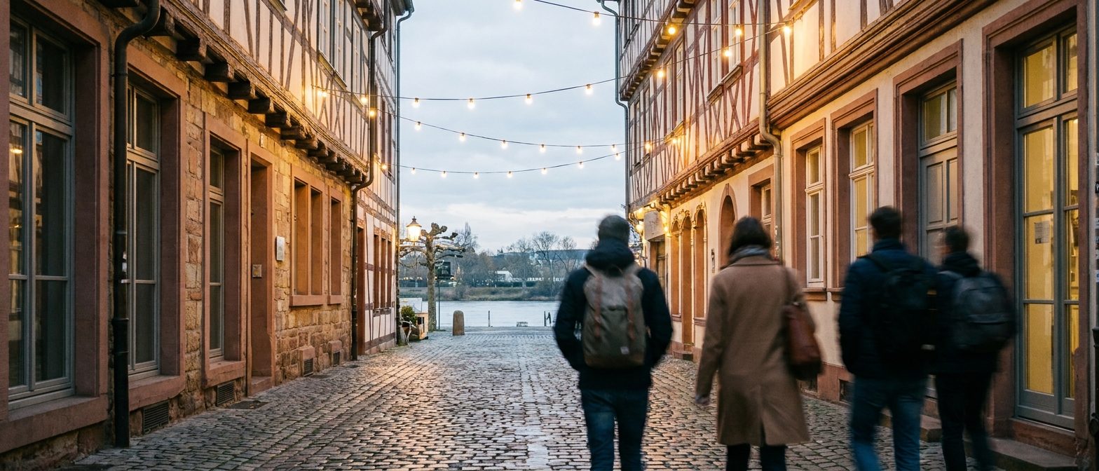 Kopfsteinpflastergasse in Alt-Sachsenhausen in der Dämmerung, Lichterketten zwischen Fachwerkgiebeln.