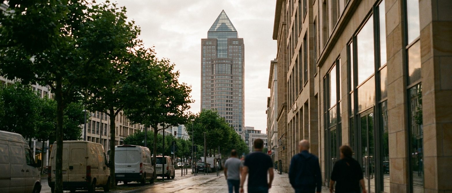 Blick von der Friedrich-Ebert-Anlage auf einen hohen Turm mit pyramidenförmiger Spitze, Granit- und Glasfassade.
