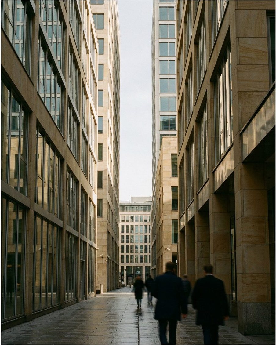 Enge Gasse zwischen Bankgebäuden im Frankfurter Bankenviertel, Hochformat, Fassaden aus Glas und Stein.
