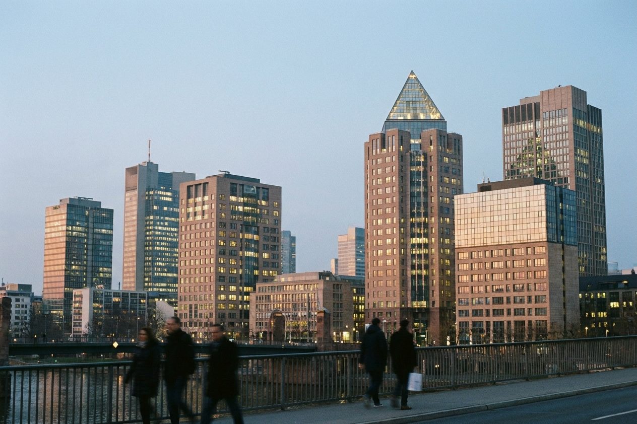 Abendlicher Blick über die Frankfurter Hochhäuser, im Vordergrund ein Turm mit pyramidenförmiger Spitze.