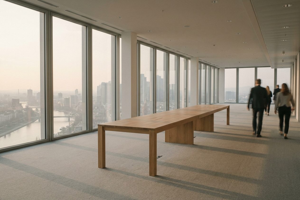Leerer, heller Büroflur in einem Hochhaus mit Glaswänden und einer Fensterfront, dahinter diesiger Blick über die Stadt.
