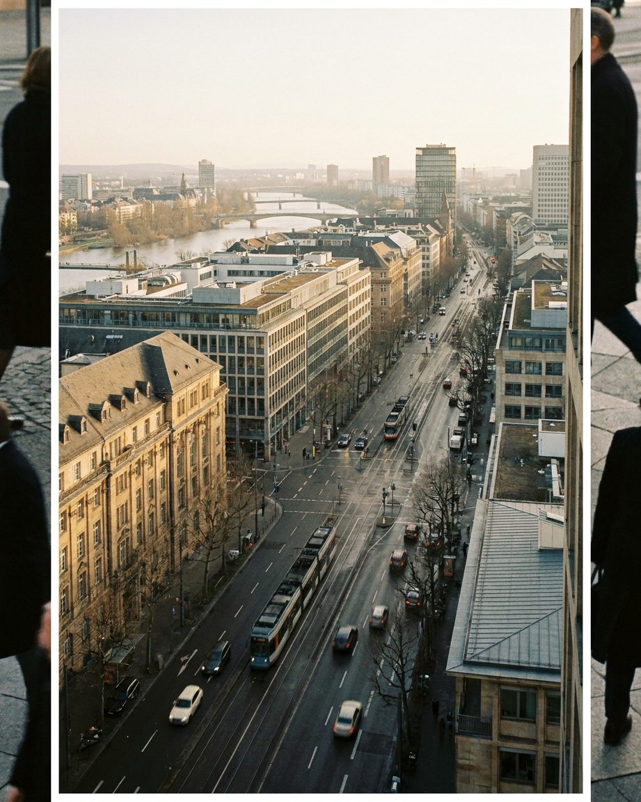 Blick aus einem Hochhausfenster senkrecht hinunter auf eine breite Straße mit Bäumen und Straßenbahngleisen, Hochformat.