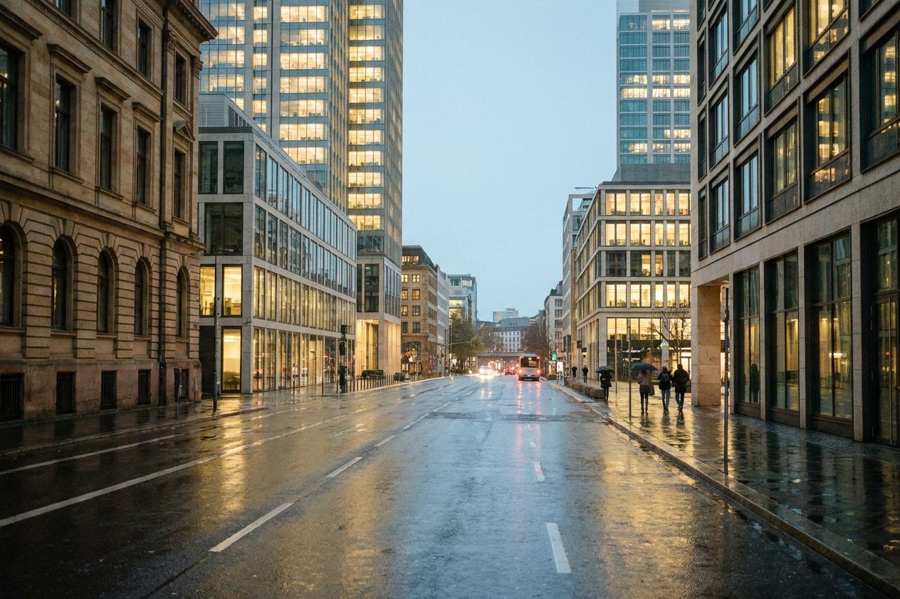 Abendlich beleuchtete Bürotürme im Frankfurter Bankenviertel, davor eine leere Straße mit nassem Asphalt.