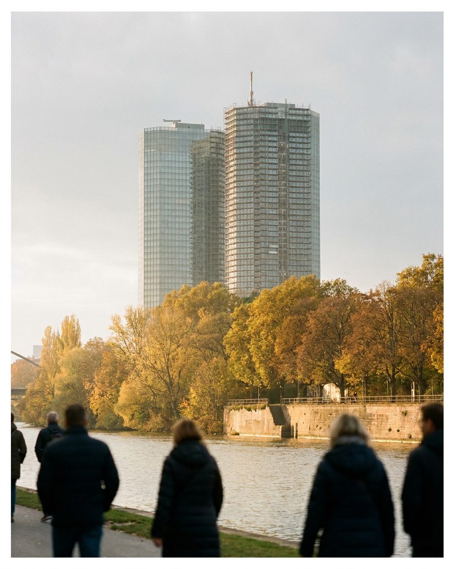 Der Doppelturm der Europäischen Zentralbank hinter herbstlich gefärbten Bäumen am Mainufer, Hochformat.