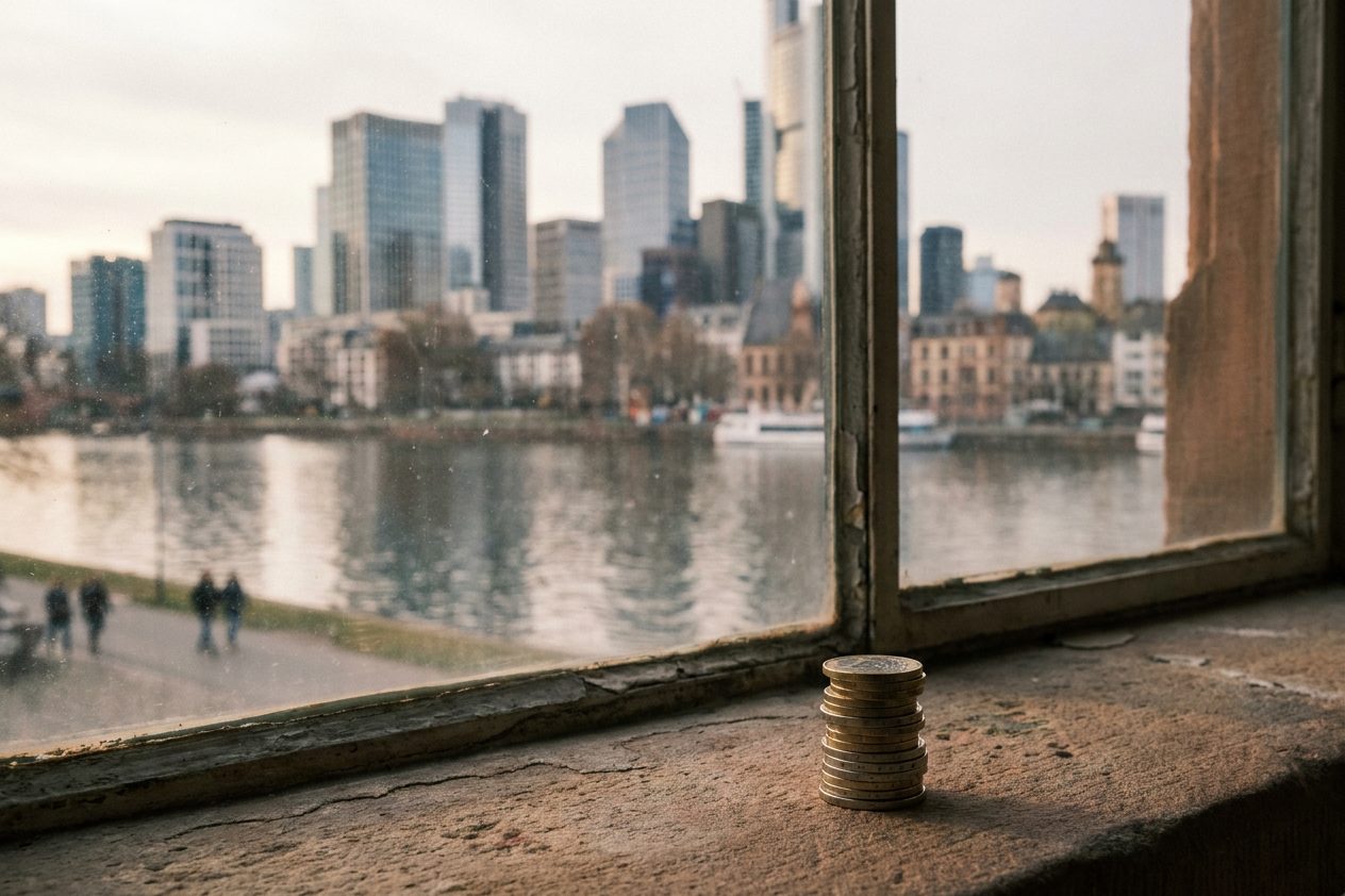 Ein Stapel Euromünzen auf einer Fensterbank, dahinter verschwommen der Main im warmen Abendlicht.