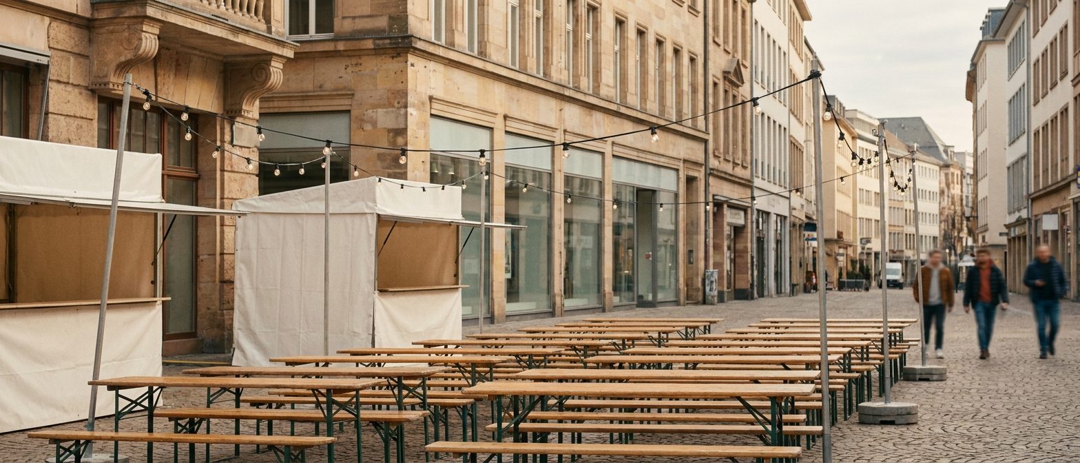Holztische und Ausschankstände auf einem Innenstadtplatz, darüber Lichterketten, im Hintergrund Geschäftsfassaden.
