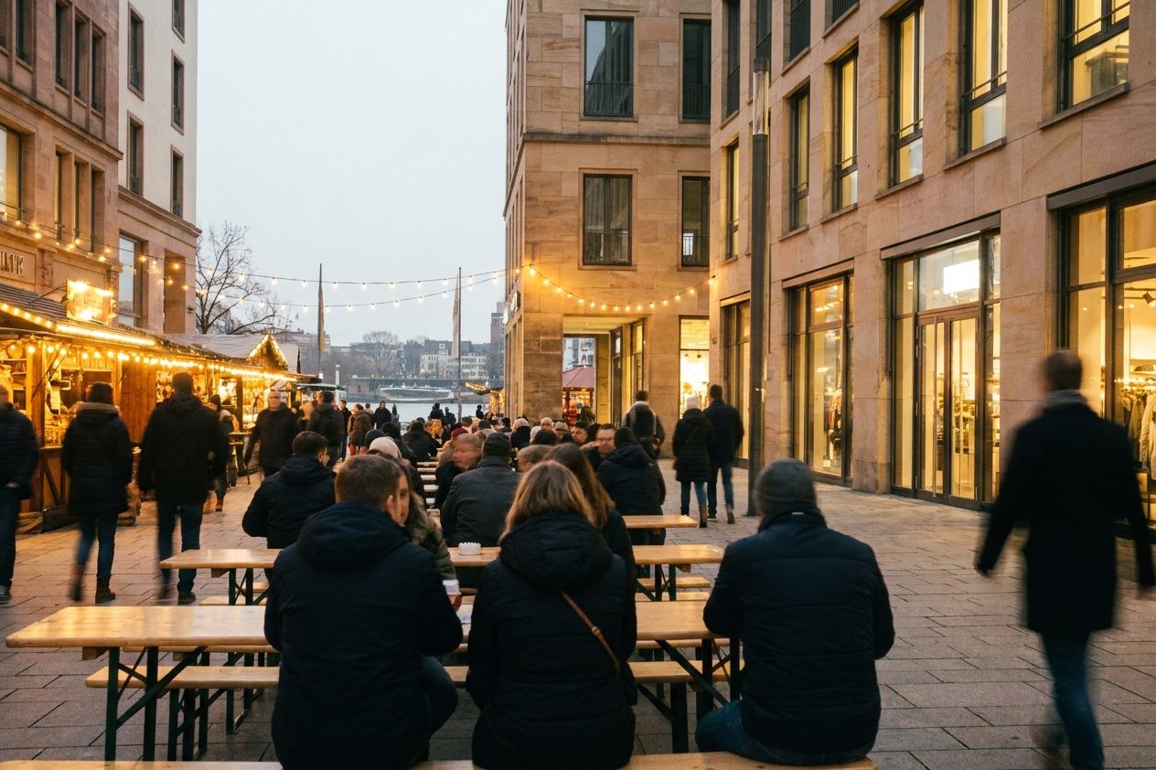 Volle Bierzeltgarnituren auf einem Innenstadtplatz am Abend, Lichterketten über den Tischen, dahinter Fassaden.