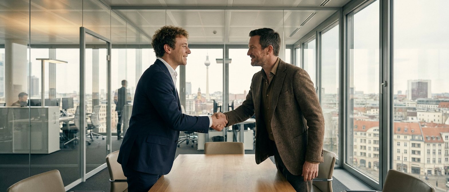 Zwei Männer geben sich zur Begrüßung die Hand in einem hellen Büro am Berliner Firmenstandort.