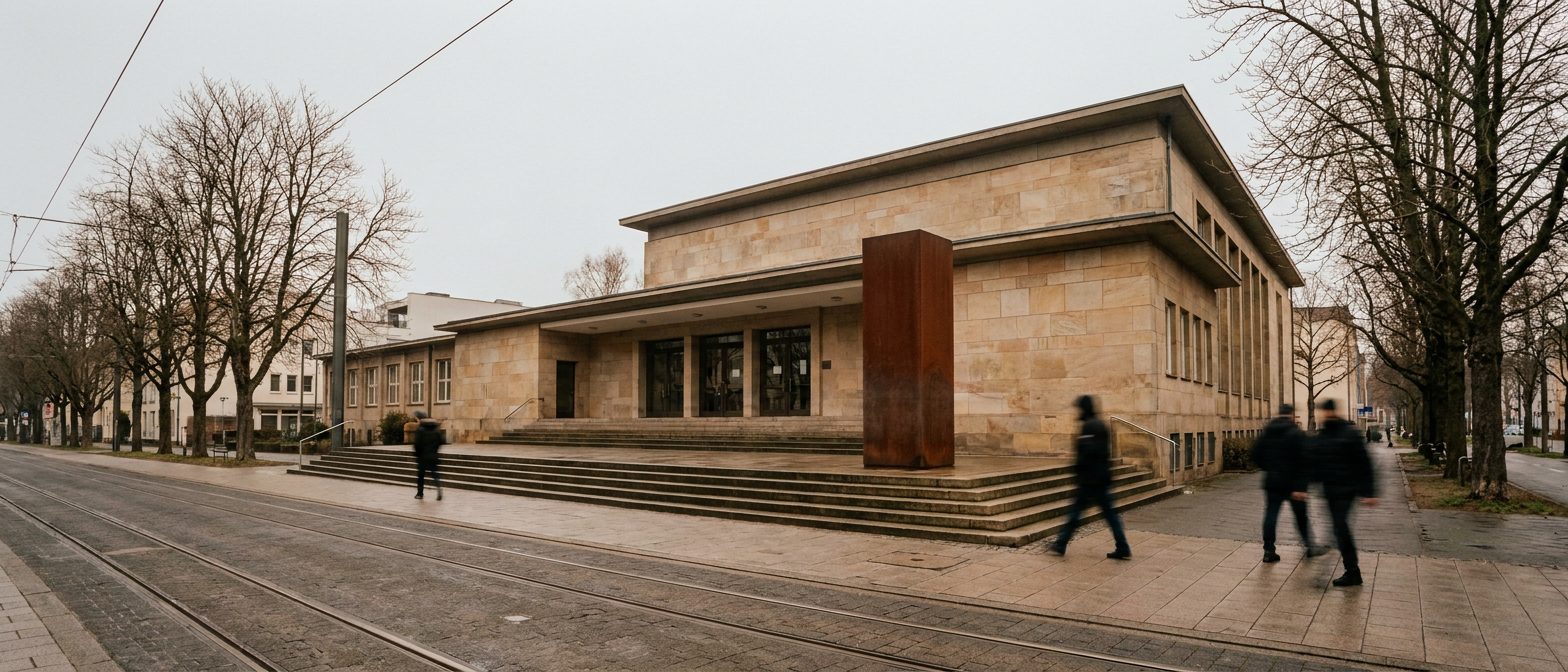 Korrodierte Stahlstele vor dem Eingang des Saalbaus Gallus an der Frankenallee, Vormittagslicht.