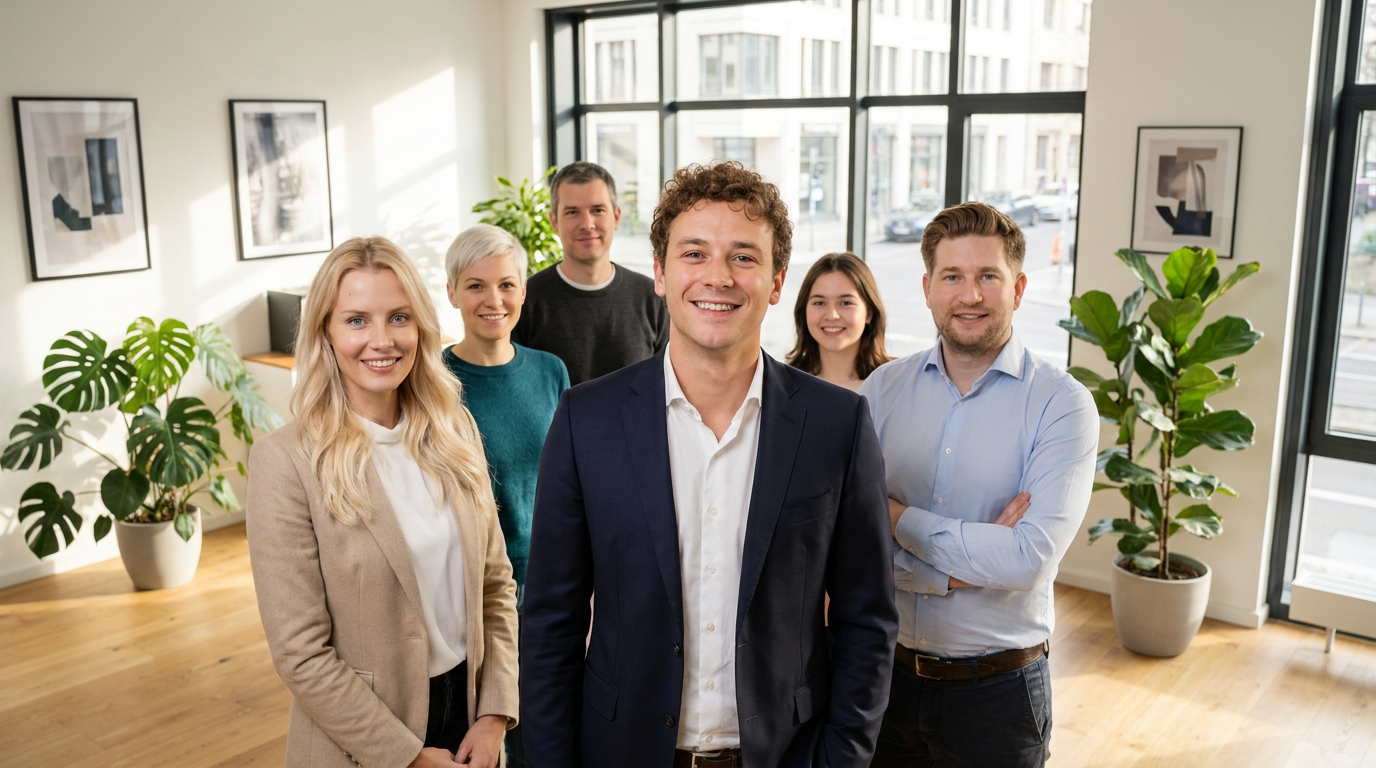 Zwei Männer geben sich zur Begrüßung die Hand in einem hellen Büro am Berliner Firmenstandort.