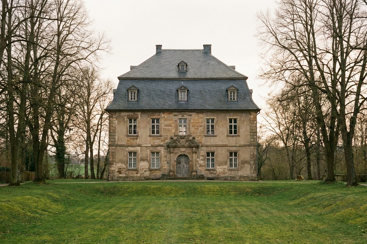 Barockes Wasserschloss mit Schieferdach und Gauben hinter alten Bäumen, davor eine Rasenfläche.