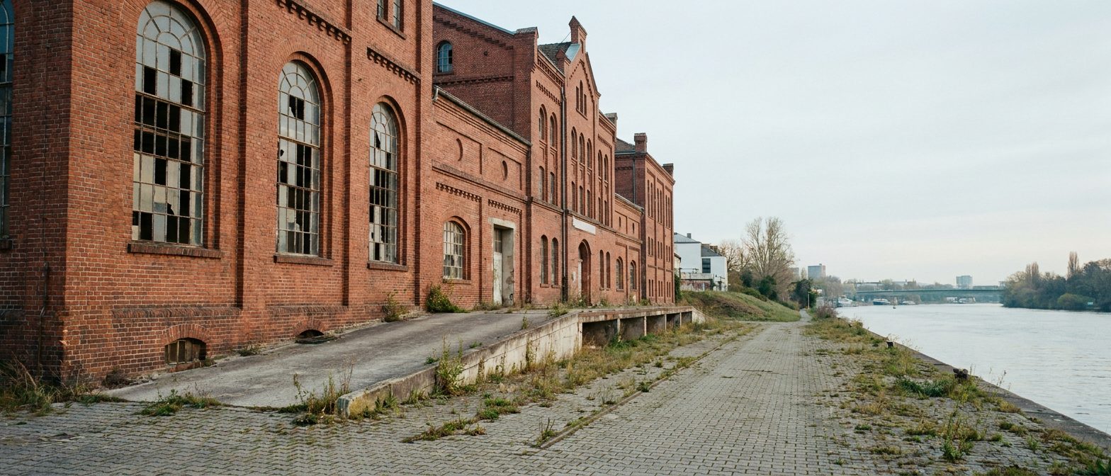 Backsteinfassade einer stillgelegten Brauerei am Hang, hohe Fenster, davor leere Verladerampe im Morgenlicht.