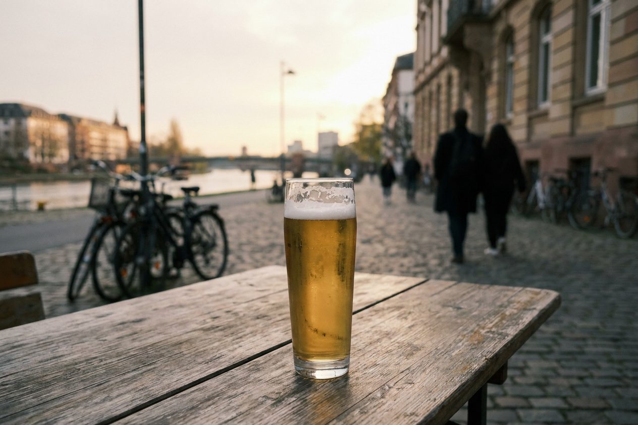 Ein gefülltes Bierglas auf einem Holztisch im Freien, im Hintergrund unscharf eine abendliche Straße.
