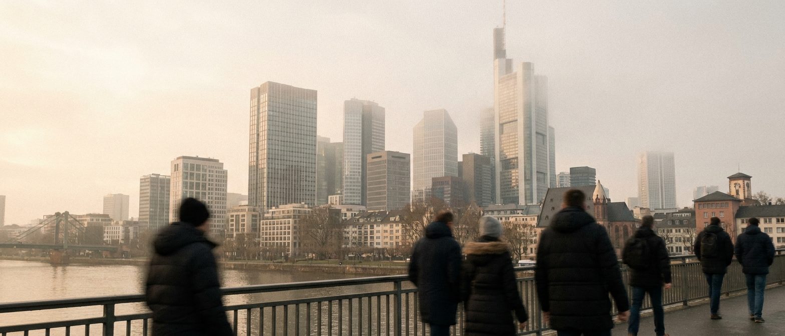 Die Hochhaustürme des Frankfurter Bankenviertels ragen aus dem Nebel, gesehen von der Deutschherrnbrücke über den Main.