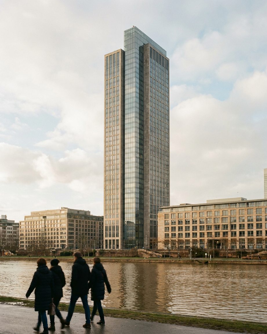 Der Taunusturm in Frankfurt senkrecht von unten fotografiert, die Glasfassade steigt vor wechselhaft bewölktem Himmel auf.