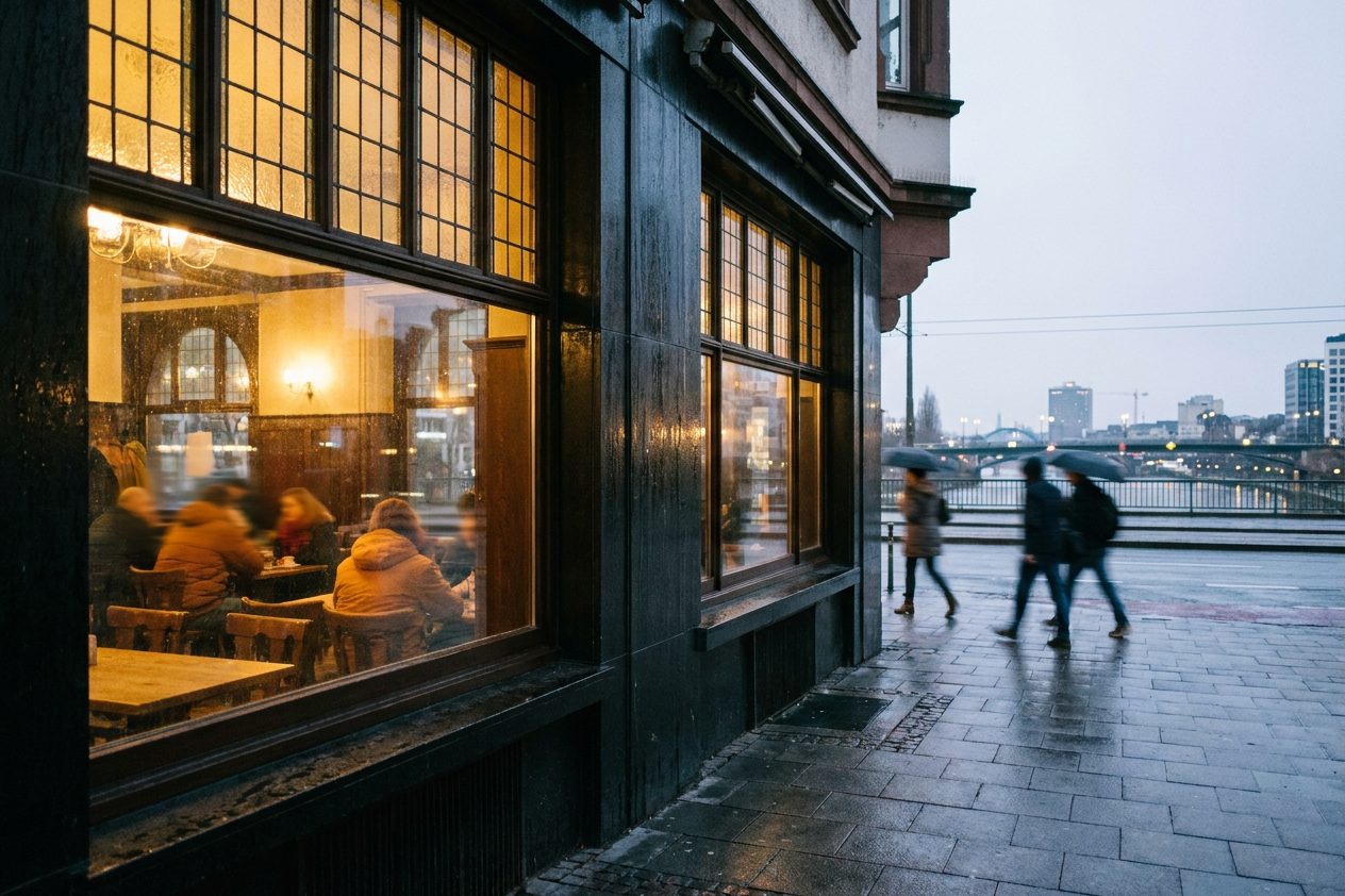 Die warm erleuchtete Fensterfront eines Pubs im Frankfurter Bahnhofsviertel am Abend, die Schriftzüge im Glas verschwimmen.