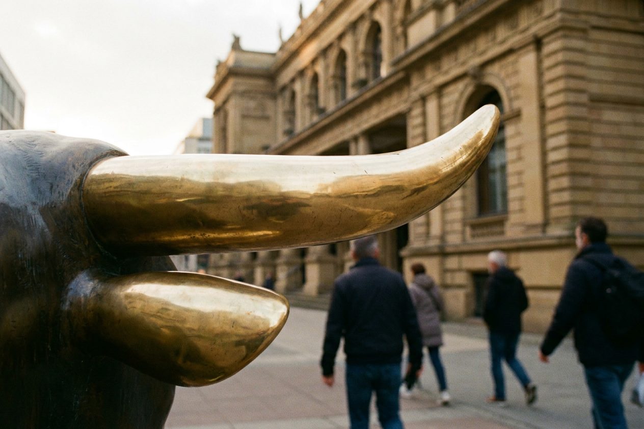 Nahaufnahme der blank polierten, golden glänzenden Hörner des bronzenen Bullen vor der unscharfen Sandsteinfassade der Börse.