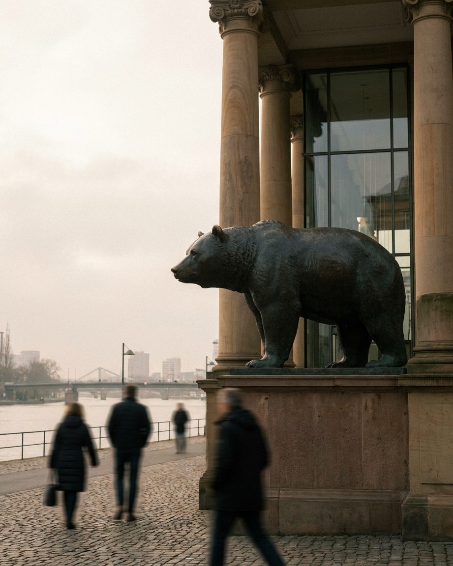 Der bronzene Bär in geduckter Haltung von der Seite, im Hintergrund die Säulen des Börsenportals.
