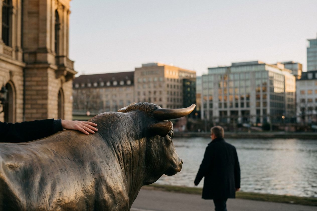 Eine Hand berührt im warmen Abendlicht das golden glänzende Horn des Bullen, die Person bleibt unscharf im Hintergrund.