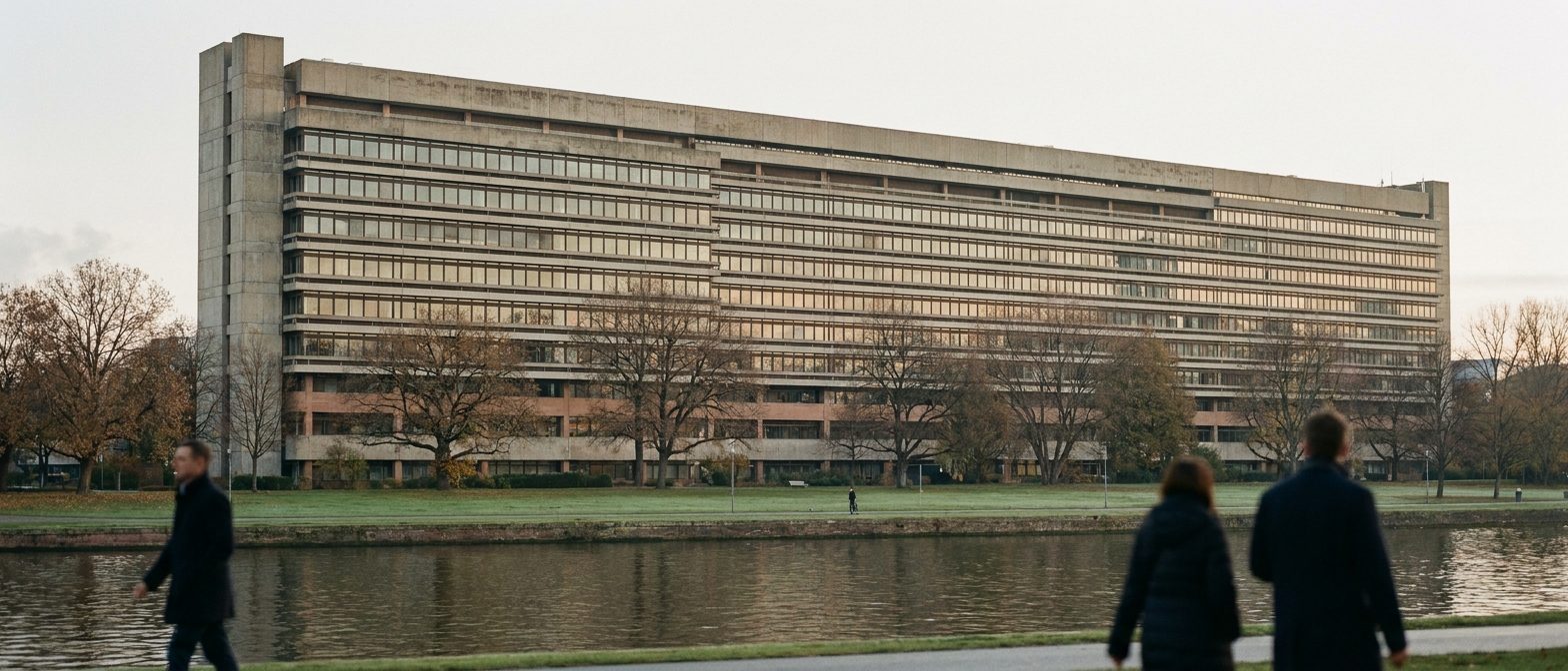 Die lange, schmale Betonscheibe der Bundesbank-Zentrale an der Wilhelm-Epstein-Straße in Frankfurt-Bockenheim.