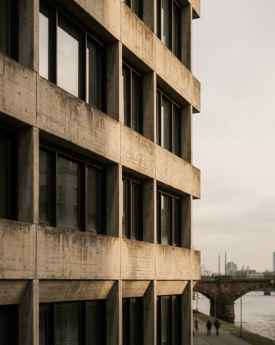 Nahaufnahme einer rasterförmigen Sichtbetonfassade mit tief liegenden Fensterbändern, Hochformat.