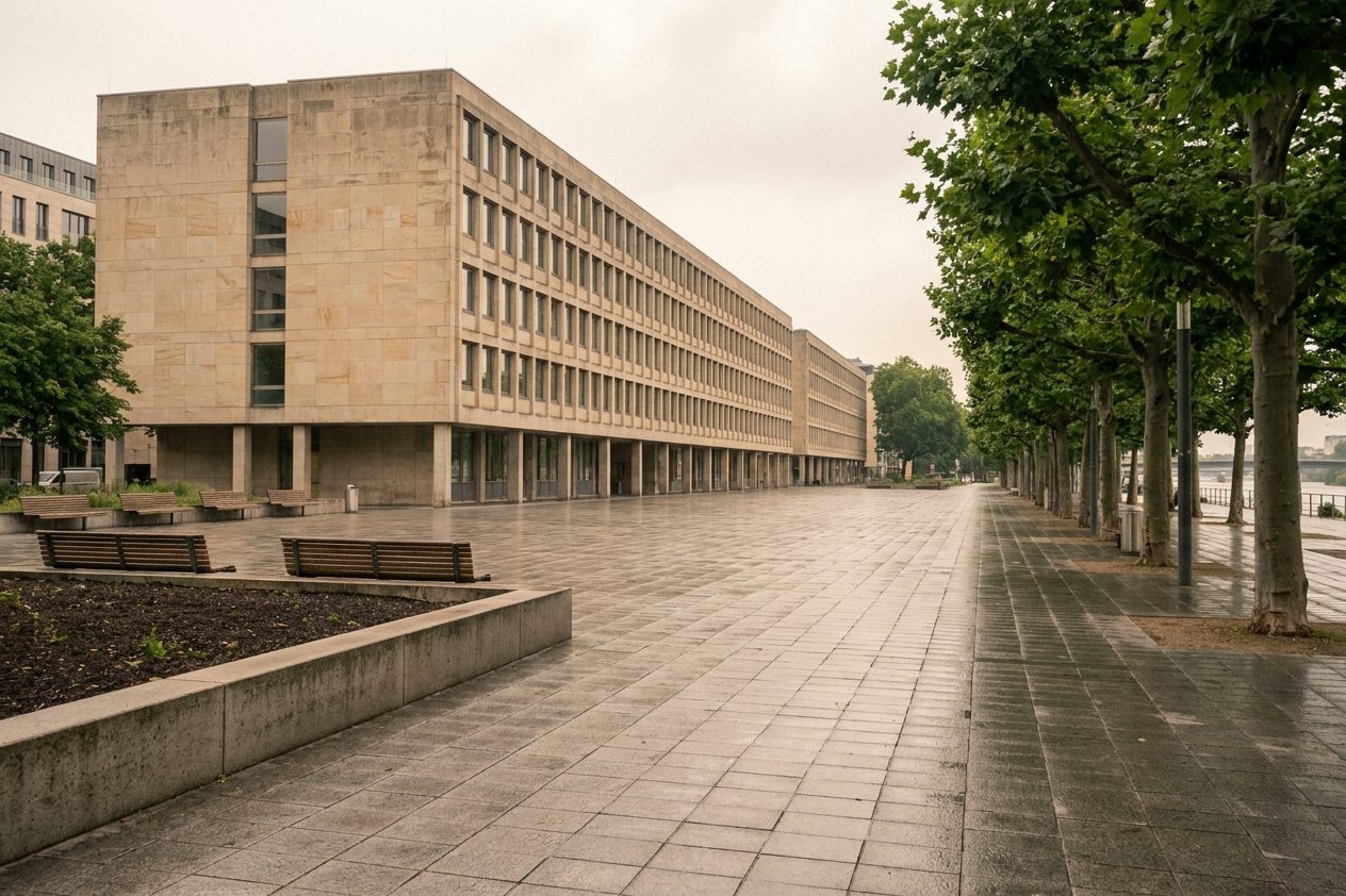 Bürohochhäuser der Frankfurter Innenstadt in der Abenddämmerung, einzelne Geschosse noch beleuchtet.