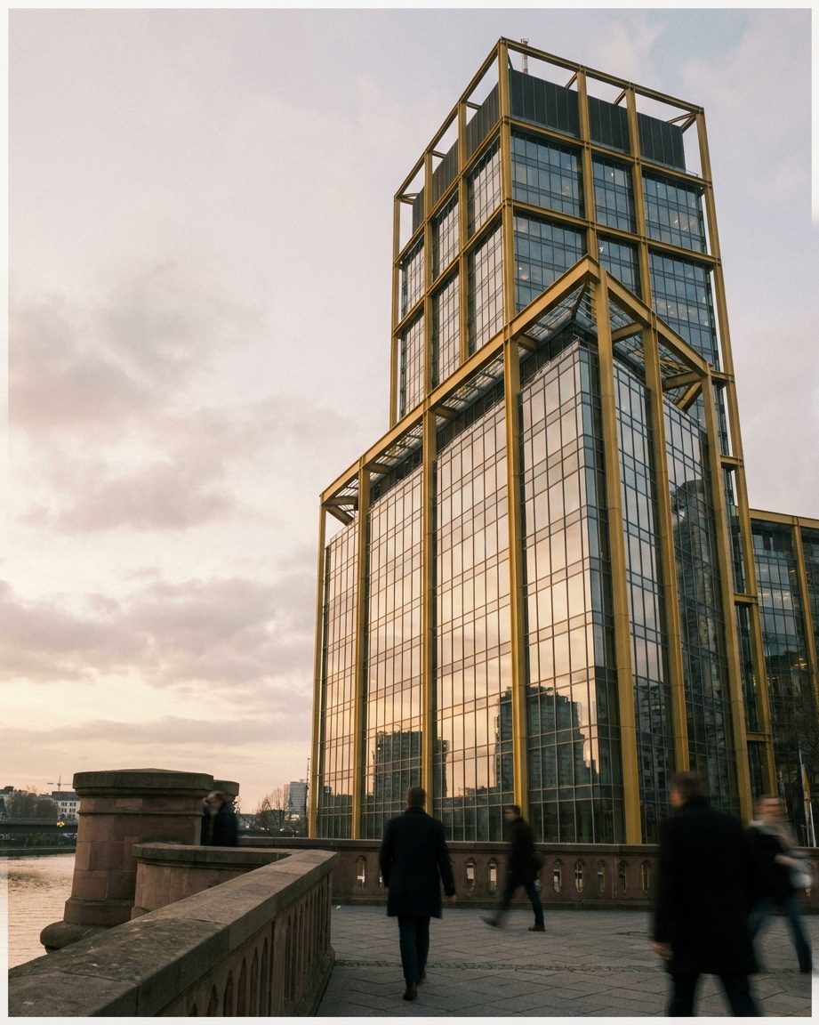 Der Commerzbank Tower aus der Froschperspektive: gelber Stahl und Glasfassade ragen steil in den Abendhimmel über Frankfurt.