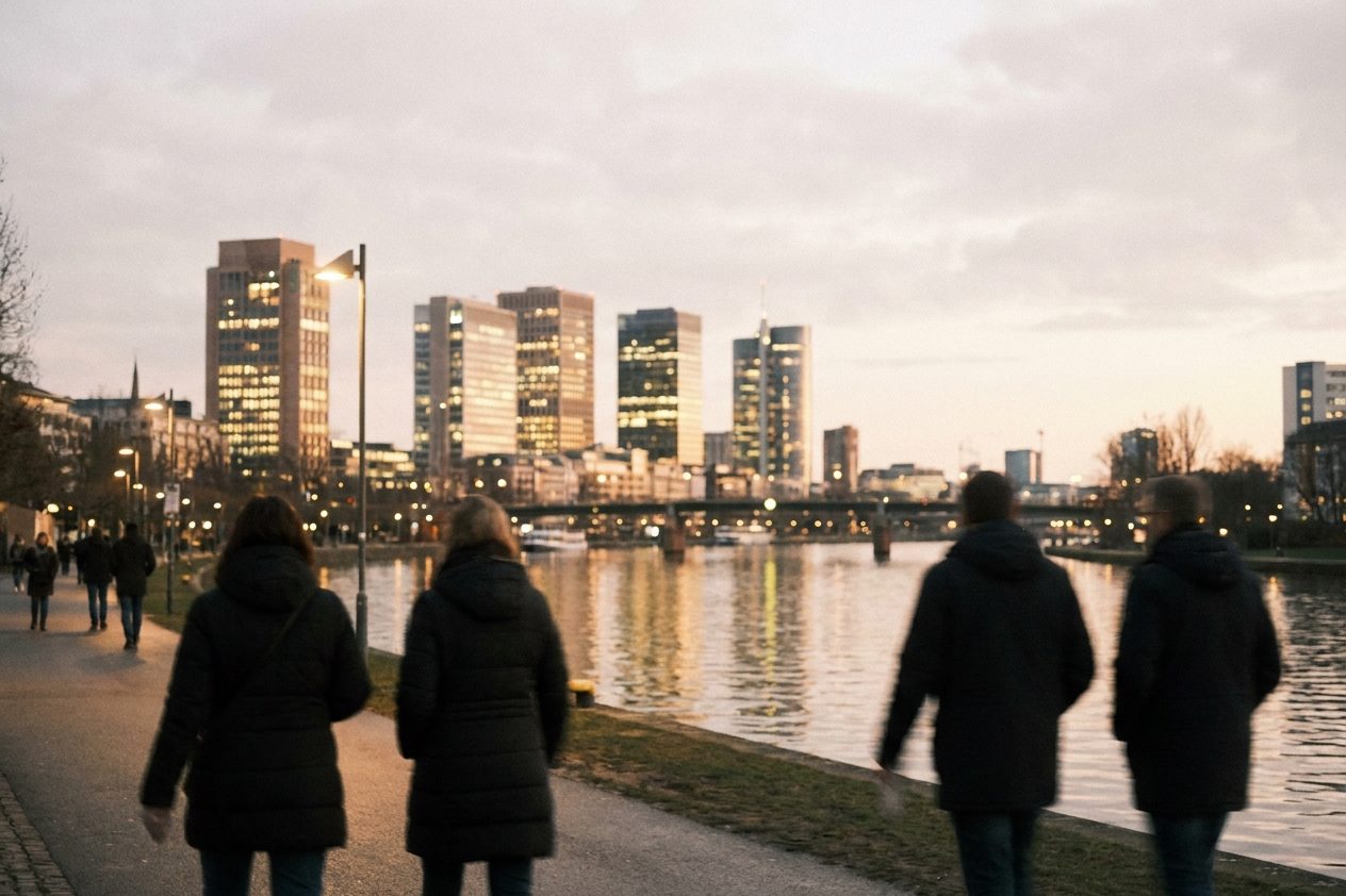 Nächtlich erleuchtete Bürofenster der Frankfurter Bankentürme spiegeln sich als langes Lichtband im dunklen Wasser des Mains.