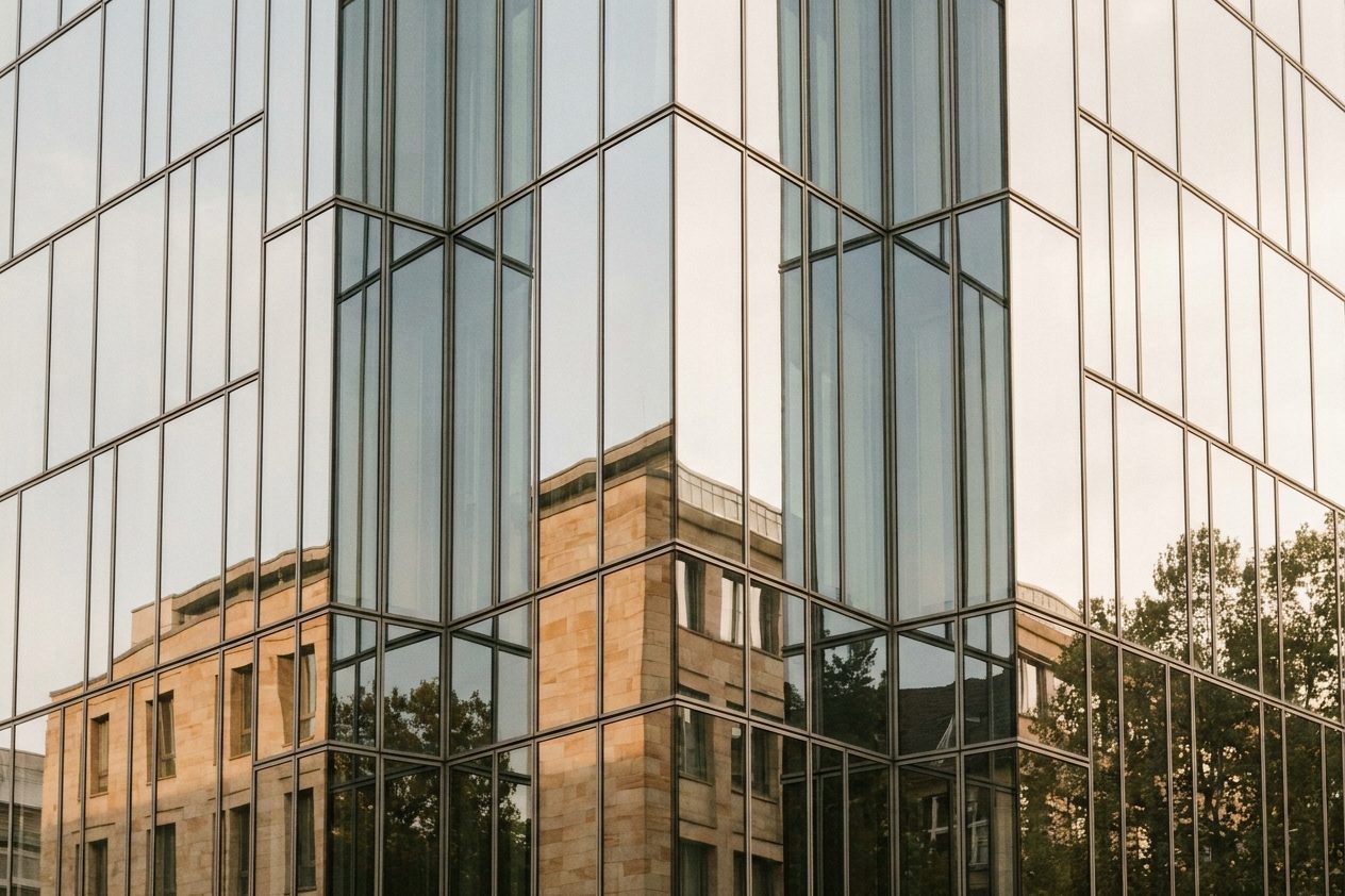 Detail einer verspiegelten Hochhausfassade mit schrägen Kanten, in der sich Himmel und Nachbarhäuser brechen.