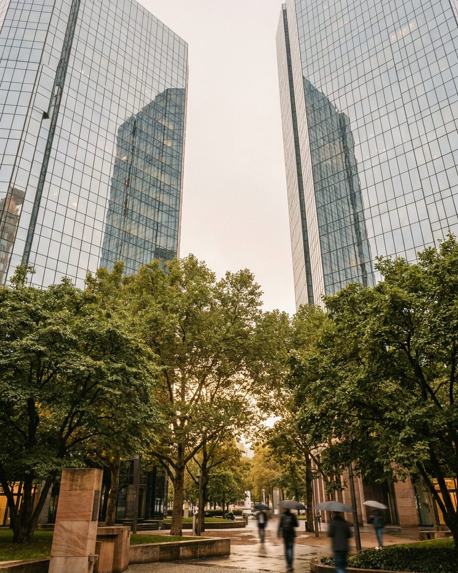 Blick von der Grünanlage steil an einem Doppelturm entlang nach oben, Bäume im Vordergrund, Hochformat.