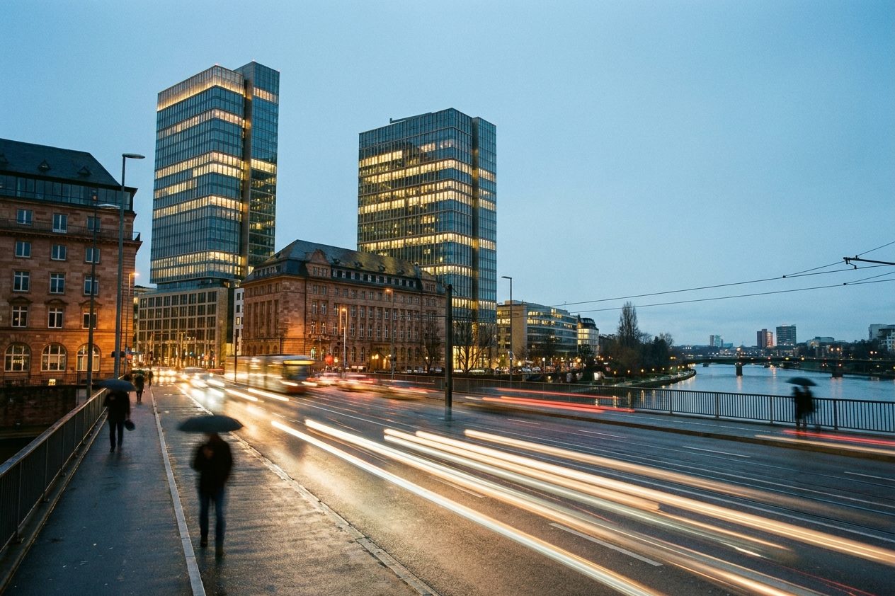 Zwei beleuchtete Bürotürme in der Dämmerung, davor eine breite baumbestandene Straße mit Lichtspuren.