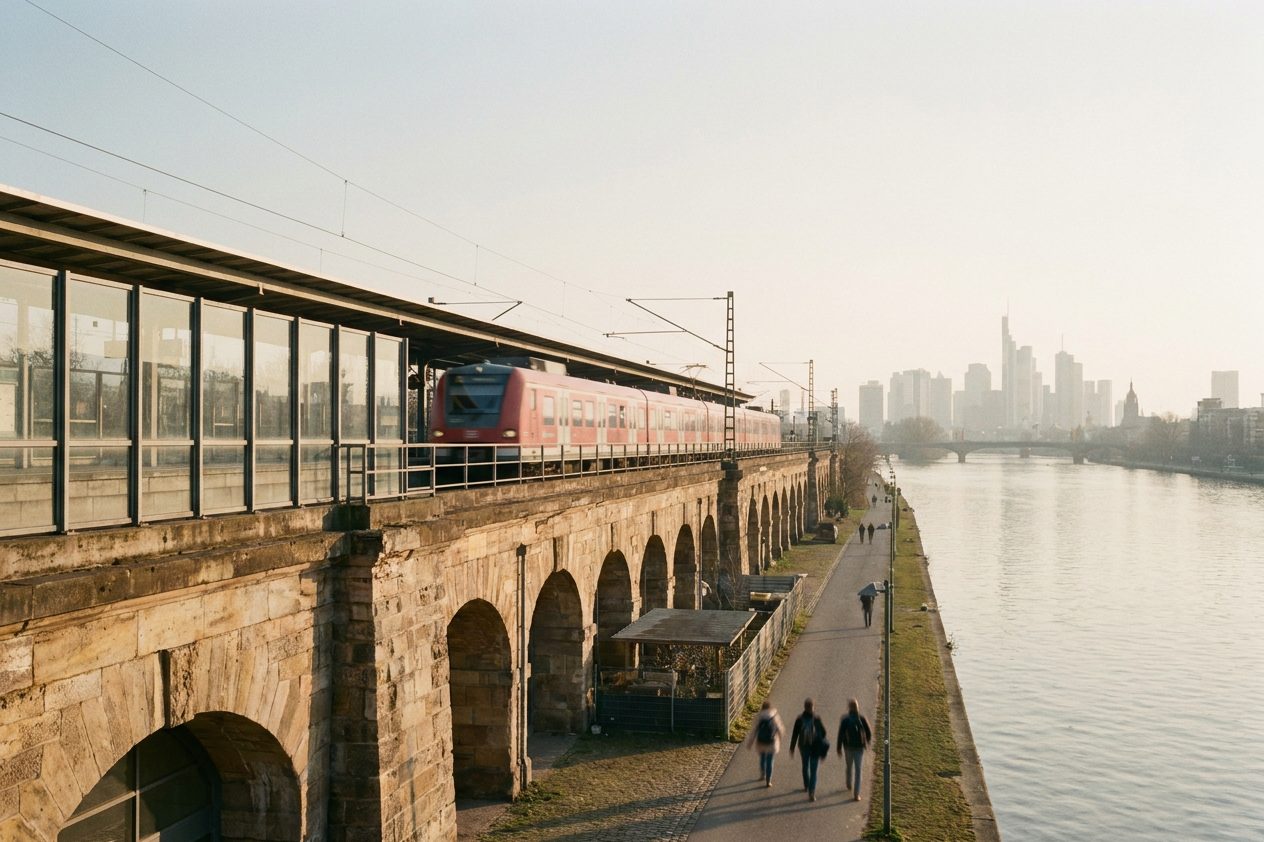 Eine S-Bahn-Trasse am Stadtrand von Eschborn, im Dunst dahinter die Hochhäuser der Frankfurter Skyline.