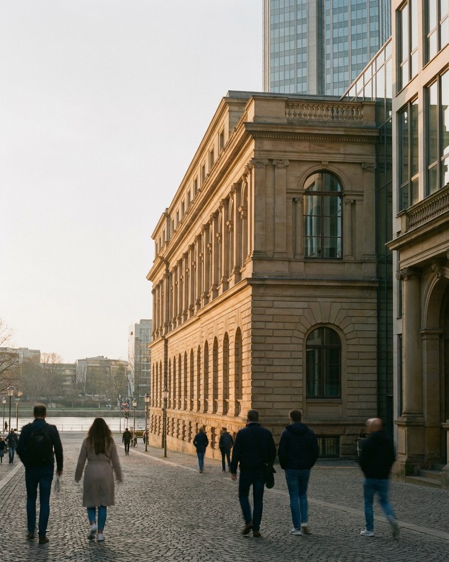 Die historische Sandsteinfassade der Börse Frankfurt am Börsenplatz im warmen Abendlicht, Hochformat.
