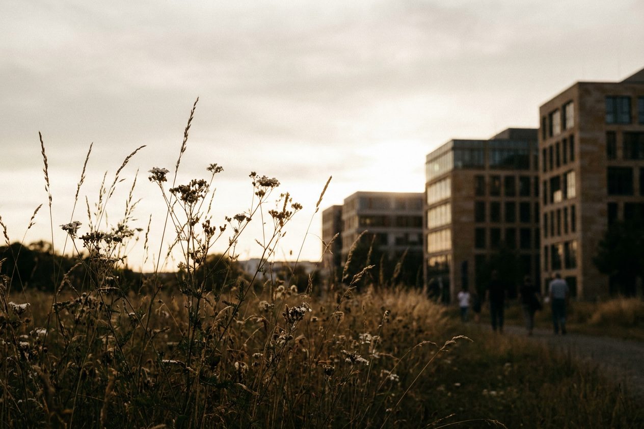 Gräser an einem Feldrand bei Eschborn im Gegenlicht, im Hintergrund verschwommen Bürogebäude.