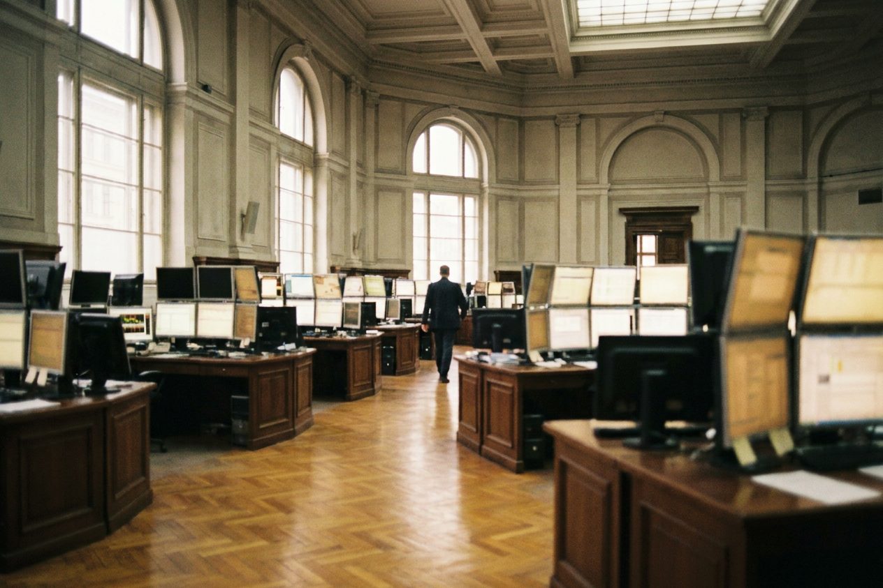Der Handelssaal der Börse Frankfurt: geschwungene Pulte mit Monitoren, Parkettboden, hohe Fenster — und viel Ruhe.