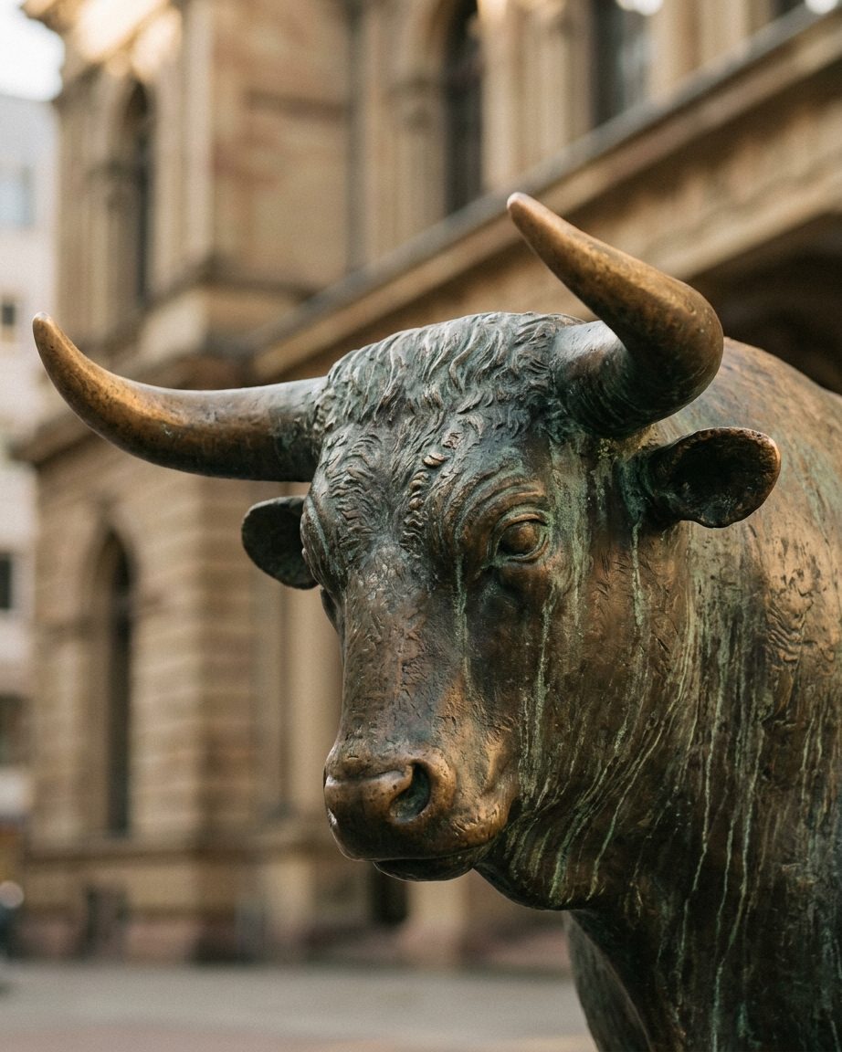 Der Kopf der Bullen-Bronzeskulptur vor der Börse Frankfurt in warmem Seitenlicht, mit Patina auf den Hörnern.
