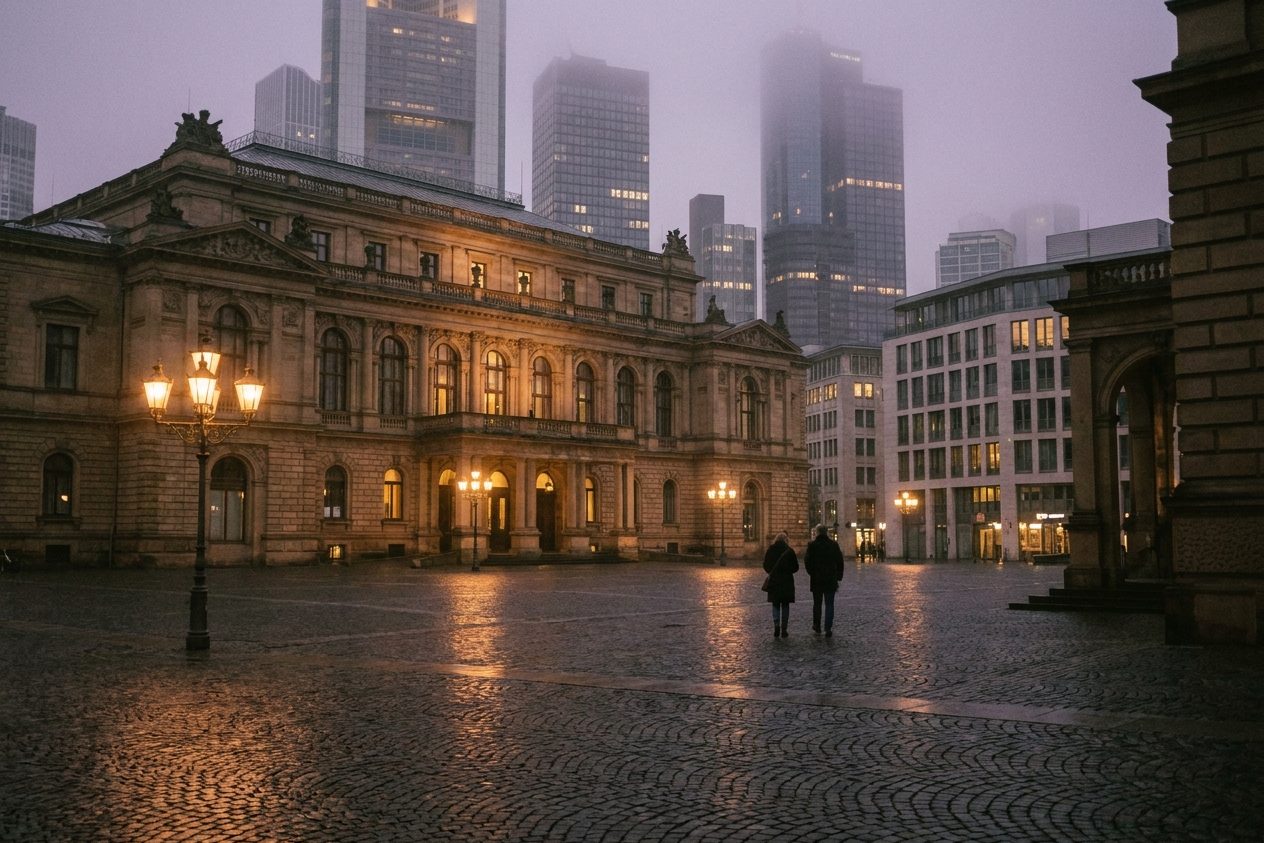 Der Börsenplatz in Frankfurt bei Dämmerung, warm beleuchtete Fassade der Alten Börse, zwei Passanten von hinten.