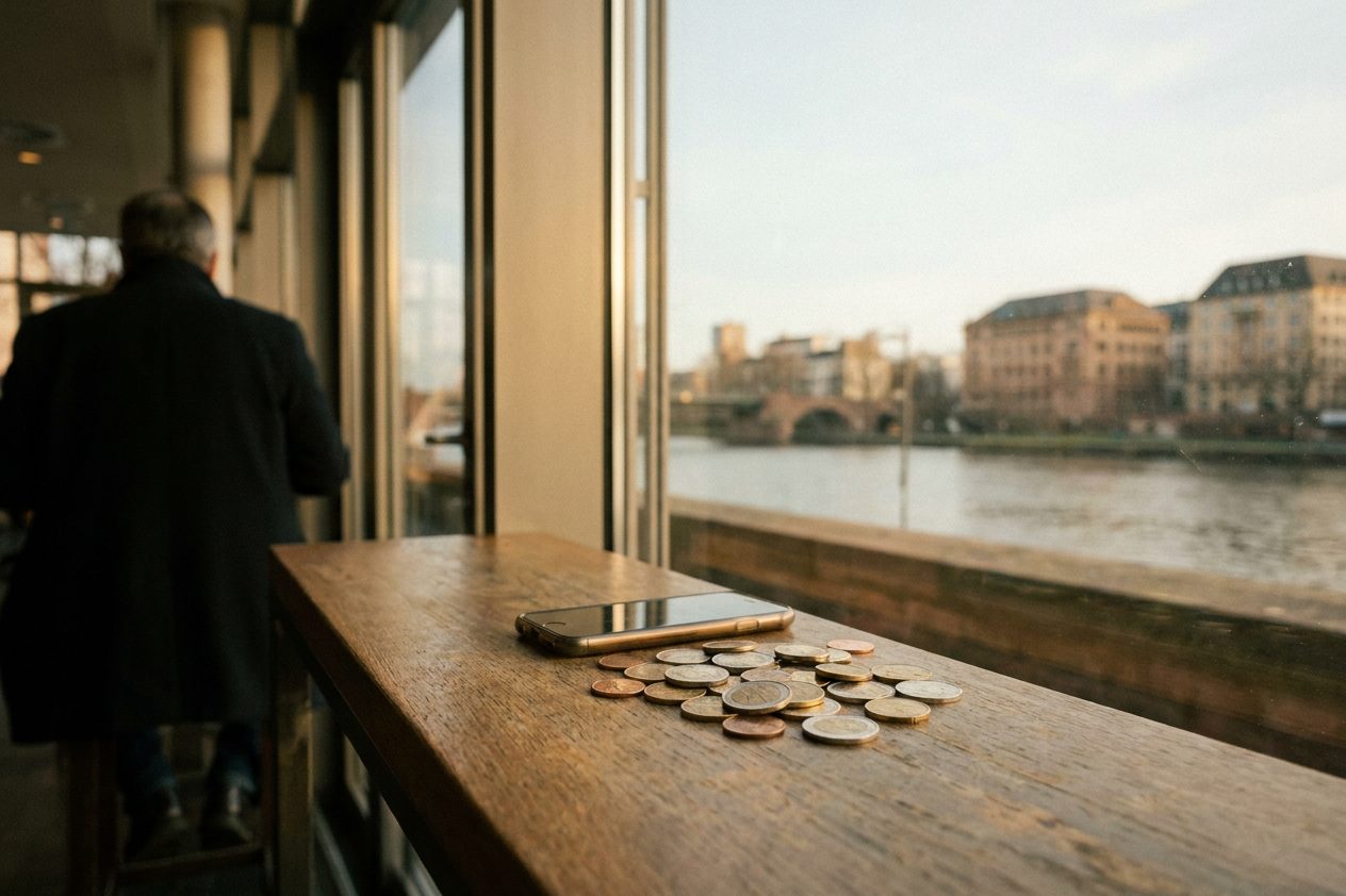 Euromünzen und ein Smartphone liegen nebeneinander auf einem Holztresen, weiches Seitenlicht zeichnet die Prägung der Münzen nach.