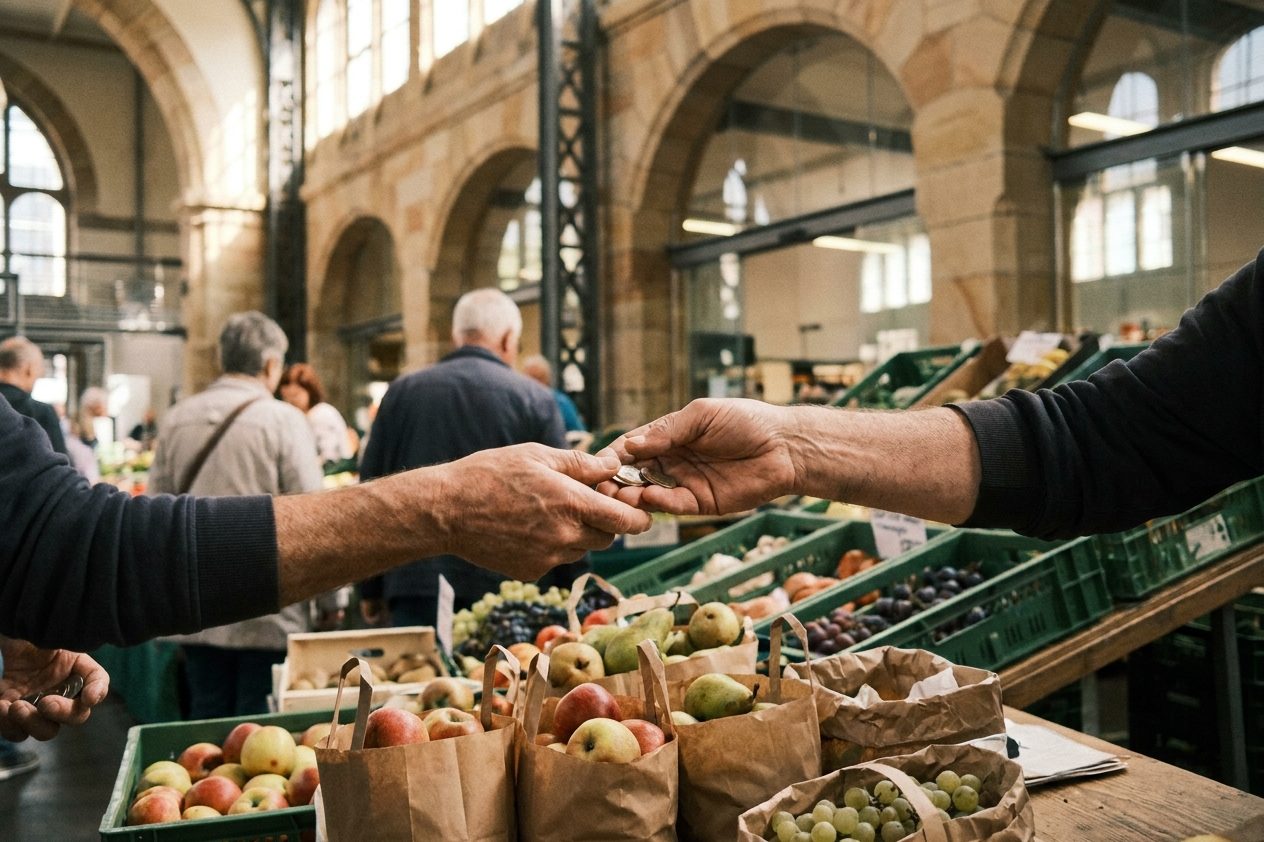 Bezahlszene an einem Obststand in der Kleinmarkthalle: Hände reichen Äpfel und Geld über die Auslage, im Hintergrund gestapelte Kisten.