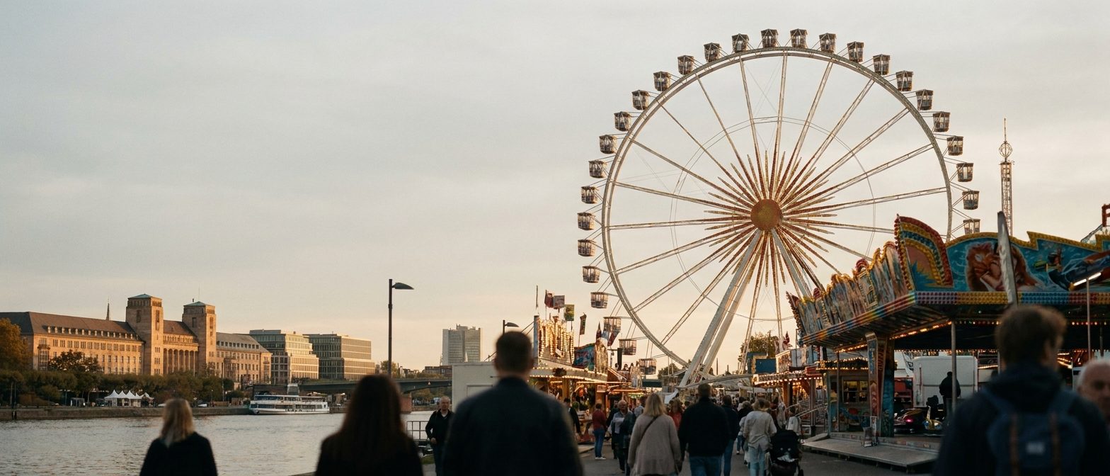 Riesenrad und Fahrgeschäfte auf dem Festplatz am Ratsweg im warmen Abendlicht, weites Panorama.