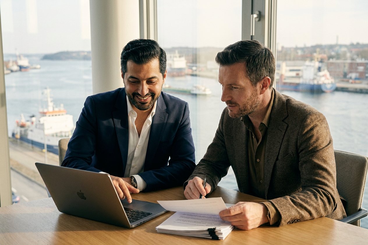 Zwei Männer im Arbeitsgespräch an einem Konferenztisch mit Unterlagen und Laptop, im Hintergrund der Kieler Hafen.