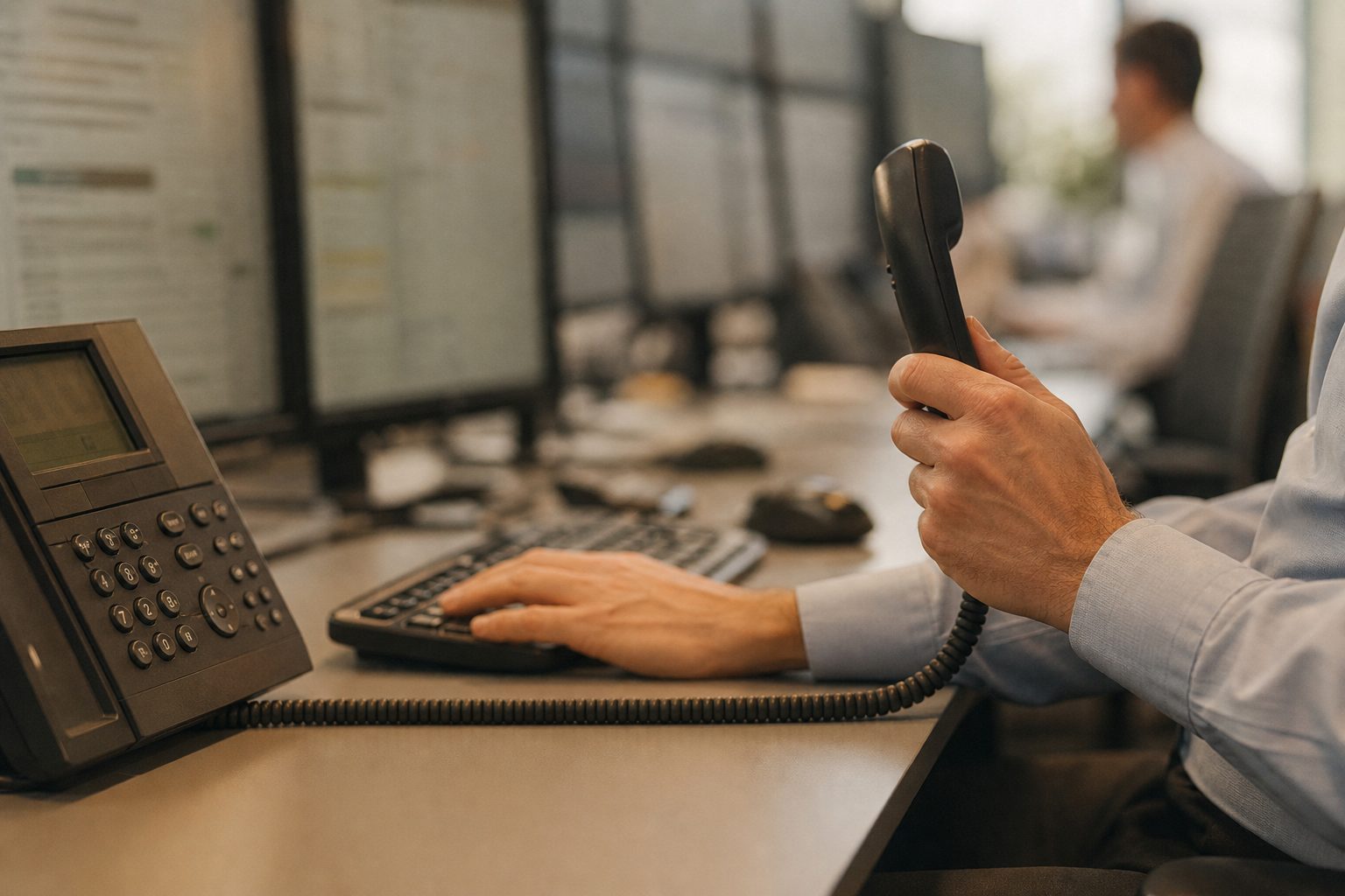 Nahaufnahme der Hände eines Börsenspezialisten zwischen Telefonhörer und Tastatur, dahinter unscharfe Monitorreihen mit Kursdaten.