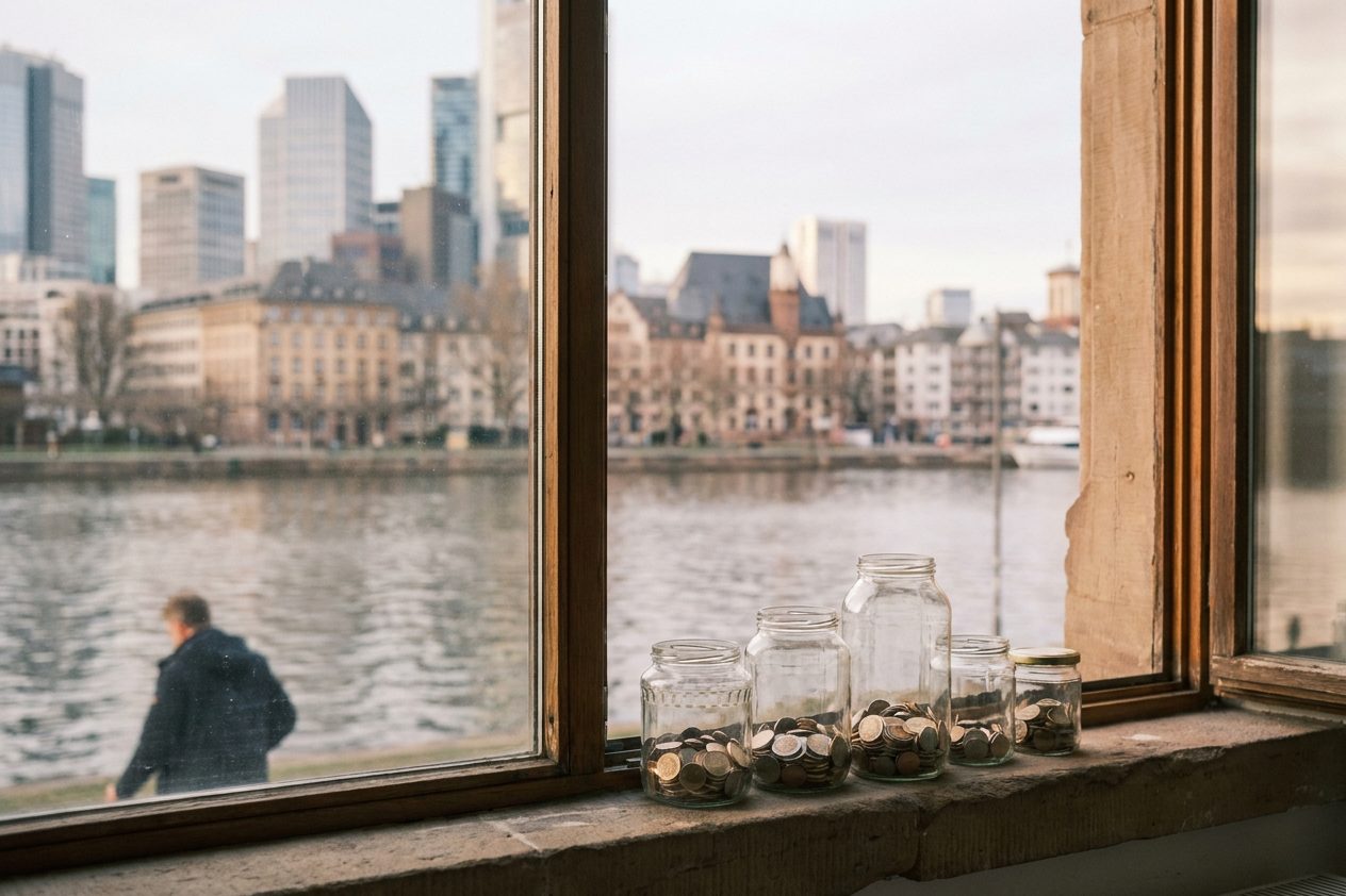 Mehrere Einmachgläser gefüllt mit Münzen stehen auf einem Fensterbrett, im Hintergrund verschwimmt die Frankfurter Skyline im Morgenlicht.