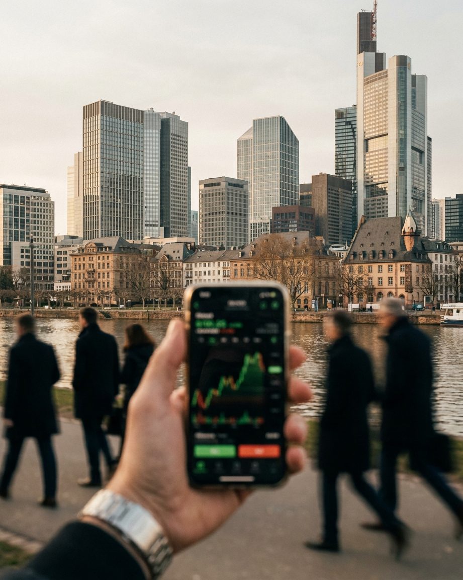 Eine Hand hält ein Smartphone mit unscharfem Kursdiagramm, dahinter ragen die Bürotürme an der Taunusanlage in den Himmel.