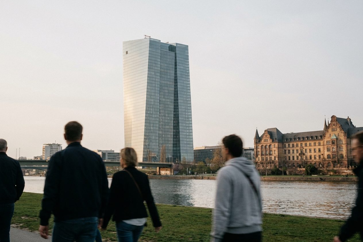 Menschen als Rückenfiguren auf der Wiese am Mainufer im Ostend, dahinter der Doppelturm der EZB im warmen Abendlicht.