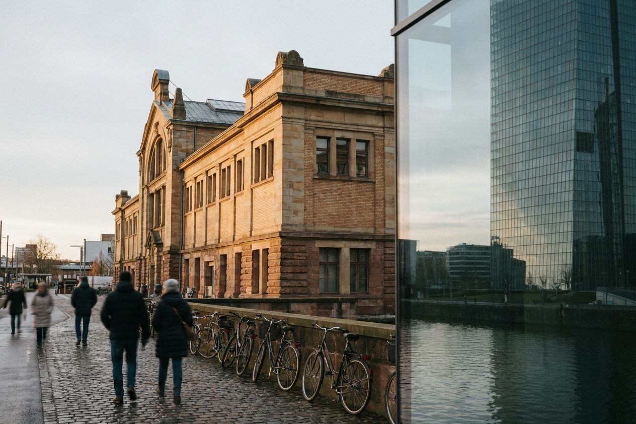Die Backsteinfassade der historischen Großmarkthalle am Fuß des gläsernen EZB-Turms im warmen Streiflicht.