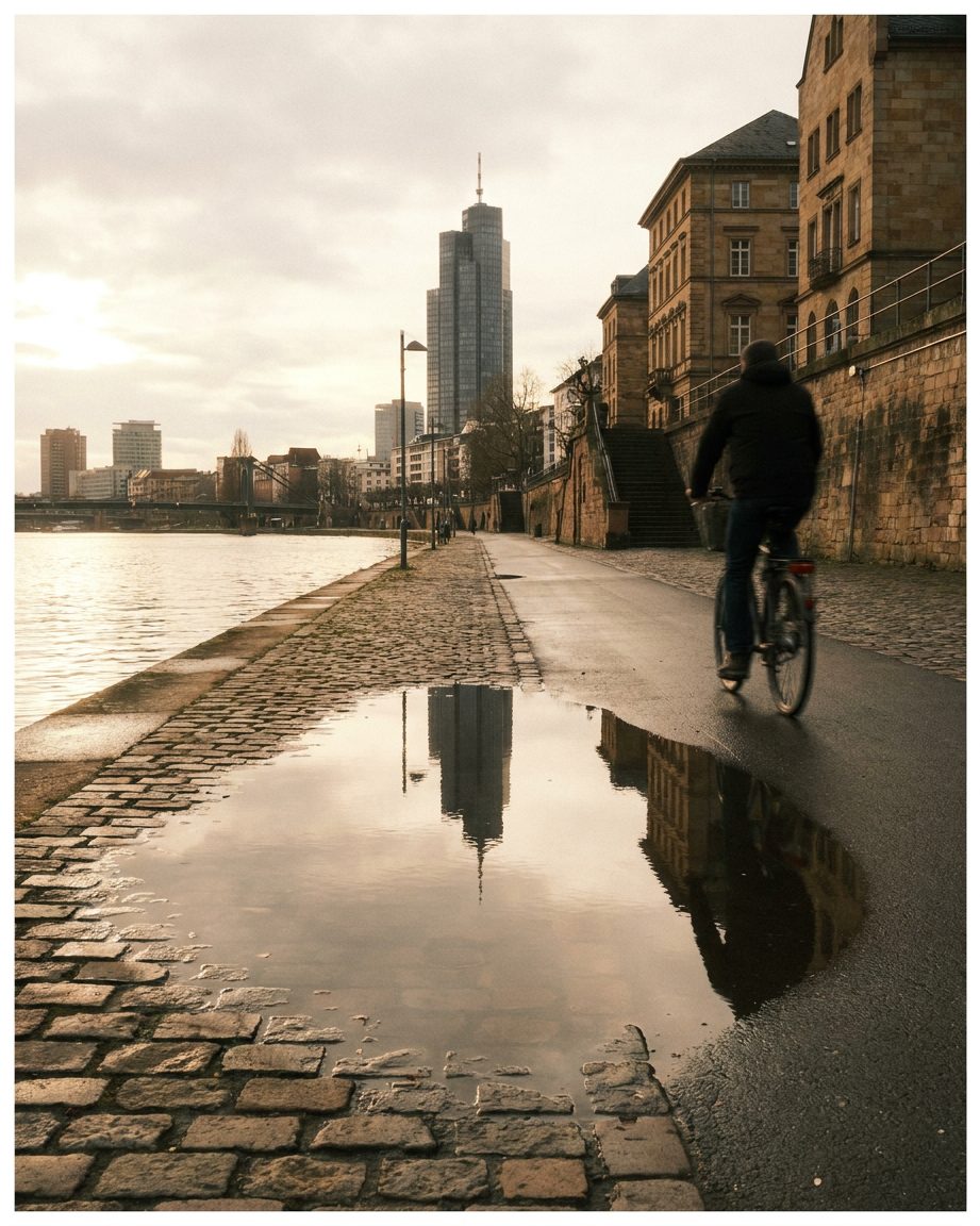 Die Spiegelung des EZB-Turms in einer Pfütze auf dem Mainuferradweg, ein Radfahrer als Silhouette, Hochformat.