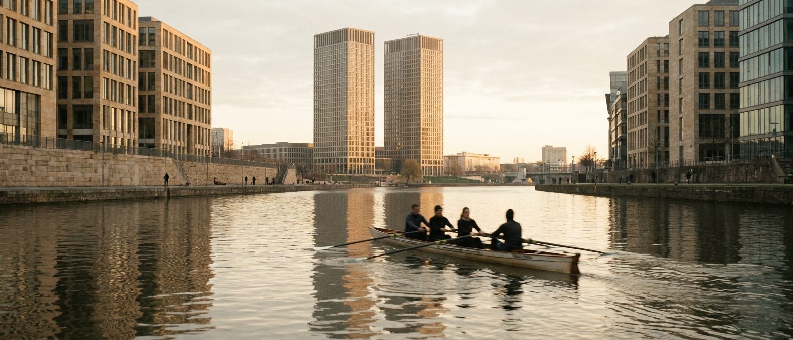 Der Doppelturm der EZB im Ostend vom Mainufer aus im warmen Morgenlicht, ein Ruderboot zieht über das Wasser.