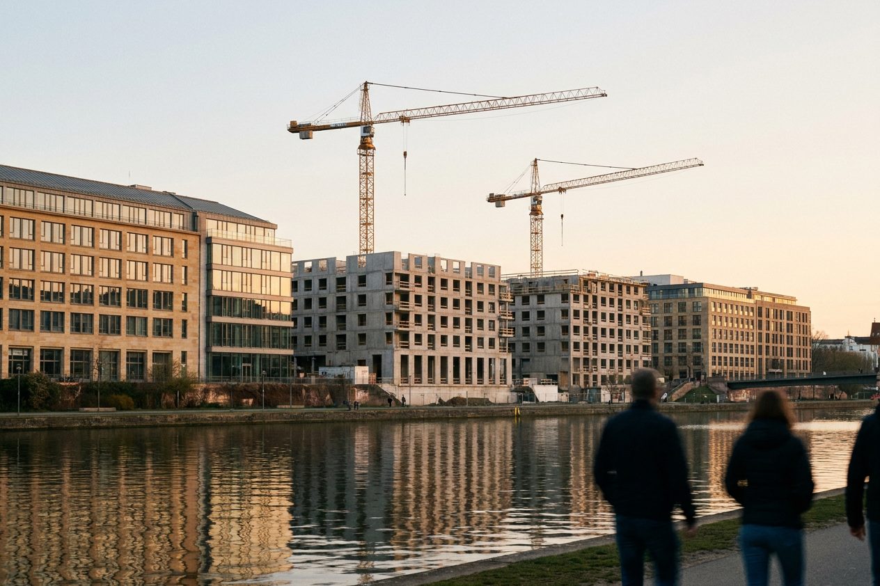 Baukräne über einem Neubauquartier, Rohbau-Silhouetten zeichnen sich vor dem Abendhimmel ab.
