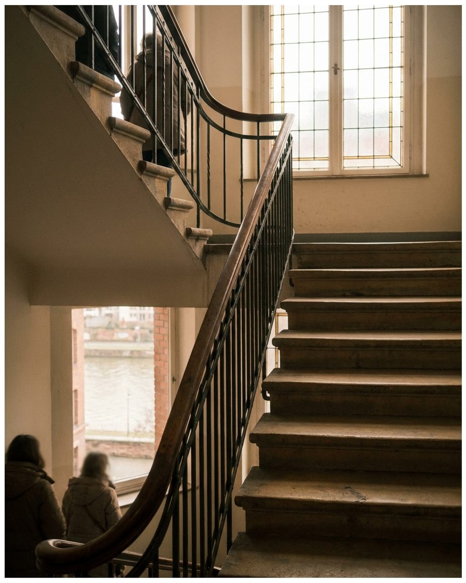 Altbau-Treppenhaus mit geschwungenem Handlauf, Tageslicht fällt von oben durch ein Fenster ins Treppenauge.